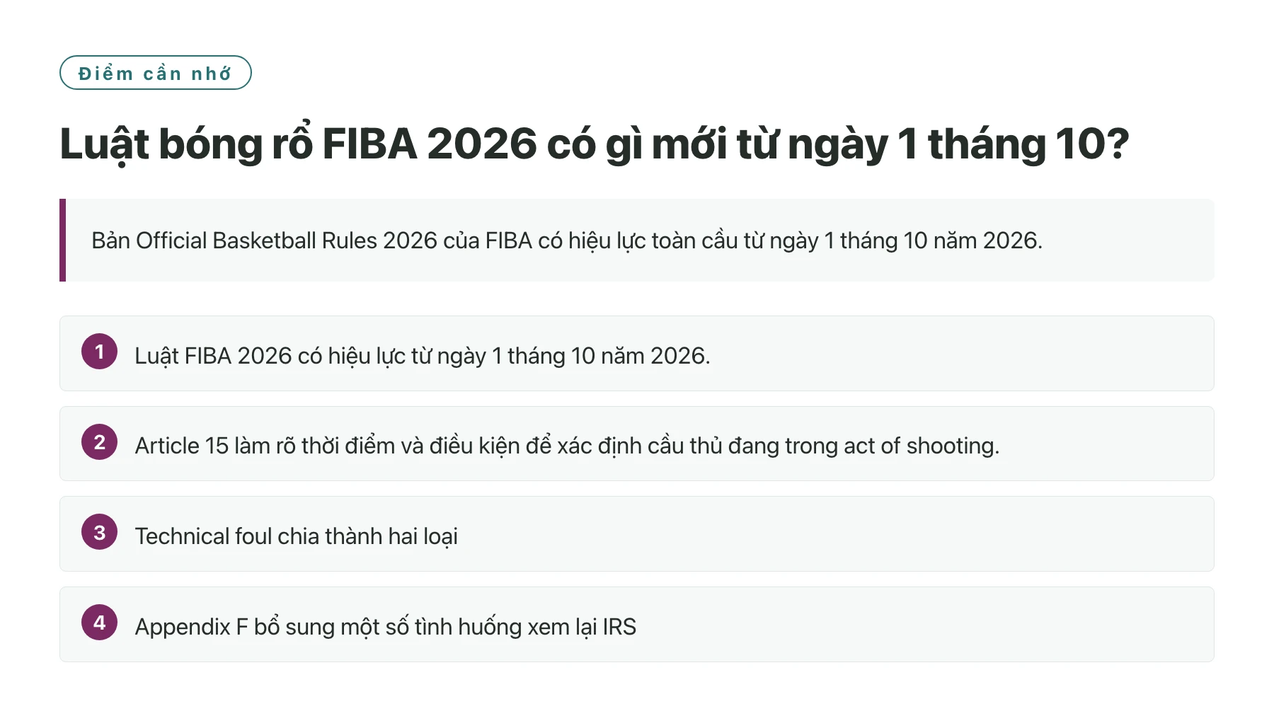 Luật bóng rổ FIBA 2026 có gì mới từ ngày 1 tháng 10?——全文要点速览